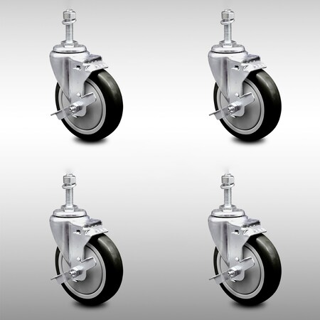 Service Caster 5 Inch SS Black Polyurethane Swivel 3/8 Inch Threaded Stem Caster Set Brake SCC SCC-SSTS20S514-PPUB-BLK-TLB-381615-4
